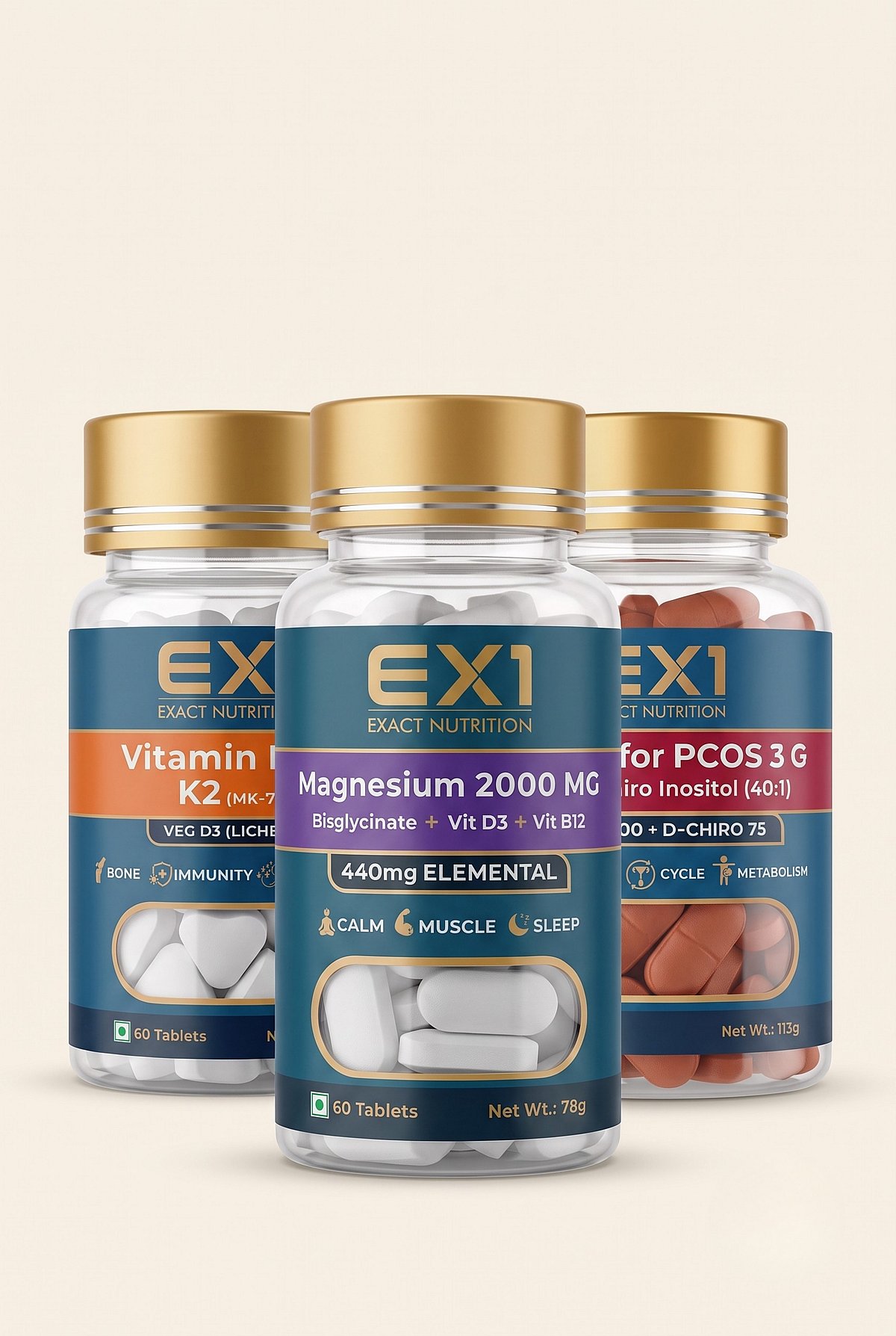 EX1 Magnesium, Vitamin D3+K2, and Inositol supplement bottles on a cream background