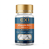 EX1 Vitamin D3 plus K2 MK-7 bottle, 60 white tablets, orange label panel stating plant-source D3 from lichen