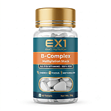 EX1 B-Complex bottle, 60 white tablets, orange label panel stating all eight B vitamins at 100 percent RDA