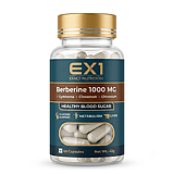 EX1 Berberine bottle, 60 white capsules, brown label panel stating 1000 mg with gymnema, cinnamon and chromium