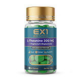EX1 L-Theanine bottle, 60 white tablets, violet label panel stating L-Theanine 200 mg with magnesium bisglycinate