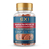 EX1 Inositol bottle, 90 terracotta tablets, crimson label panel stating myo and D-chiro inositol at 40 to 1