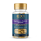 EX1 Magnesium L-Threonate bottle, 60 yellow tablets, violet label panel stating 160 mg elemental magnesium