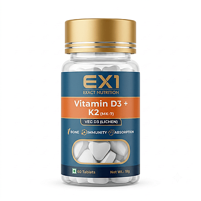EX1 Vitamin D3 plus K2 MK-7 bottle, 60 white tablets, orange label panel stating plant-source D3 from lichen
