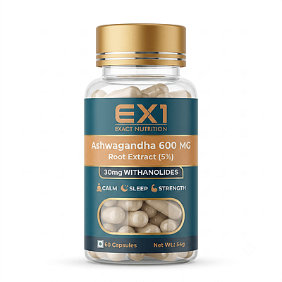 EX1 Ashwagandha bottle, 60 white capsules, amber label panel stating 600 mg root extract with 30 mg withanolides