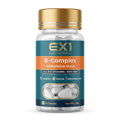 EX1 B-Complex bottle, 60 white tablets, orange label panel stating all eight B vitamins at 100 percent RDA