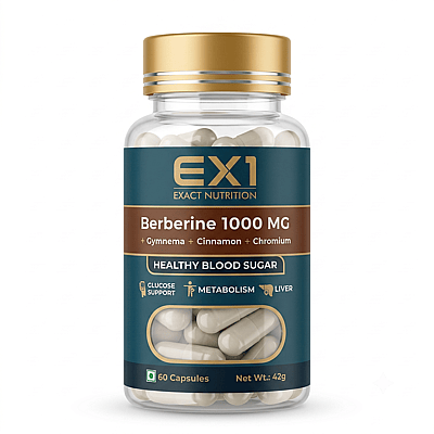 EX1 Berberine bottle, 60 white capsules, brown label panel stating 1000 mg with gymnema, cinnamon and chromium