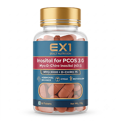 EX1 Inositol bottle, 90 terracotta tablets, crimson label panel stating myo and D-chiro inositol at 40 to 1