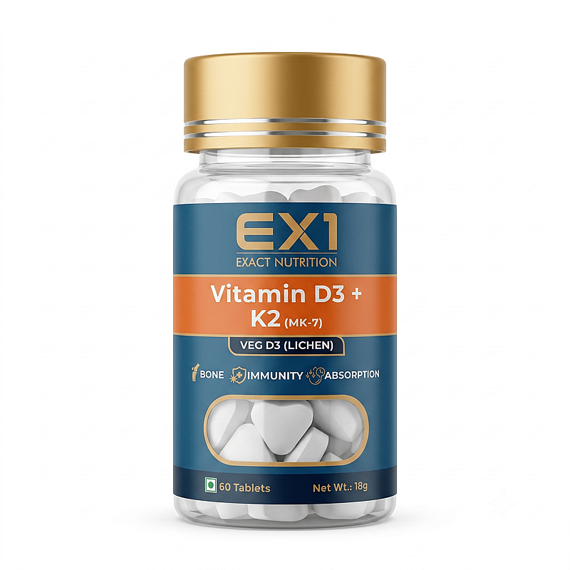 EX1 Vitamin D3 plus K2 MK-7 bottle, 60 white tablets, orange label panel stating plant-source D3 from lichen