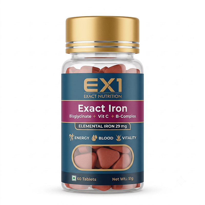 EX1 Exact Iron bottle, 60 rust-red tablets, magenta label panel stating 29 mg elemental iron with vitamin C