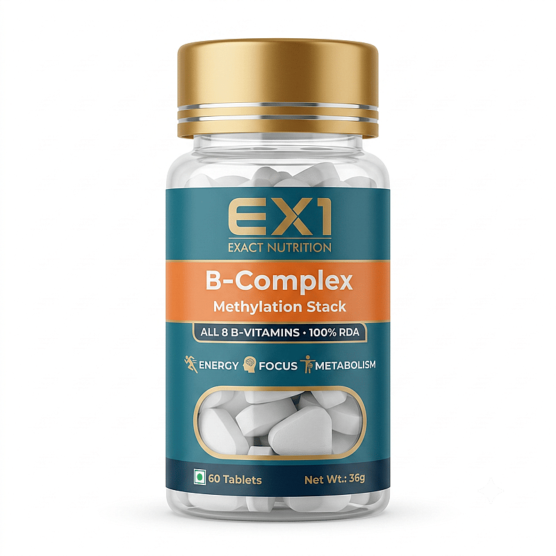 EX1 B-Complex bottle, 60 white tablets, orange label panel stating all eight B vitamins at 100 percent RDA