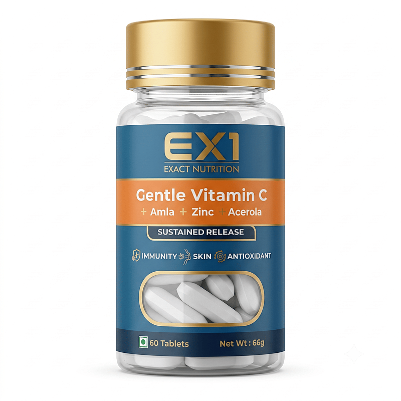 EX1 Gentle Vitamin C bottle, 60 white tablets, orange label panel stating sustained release with amla and zinc