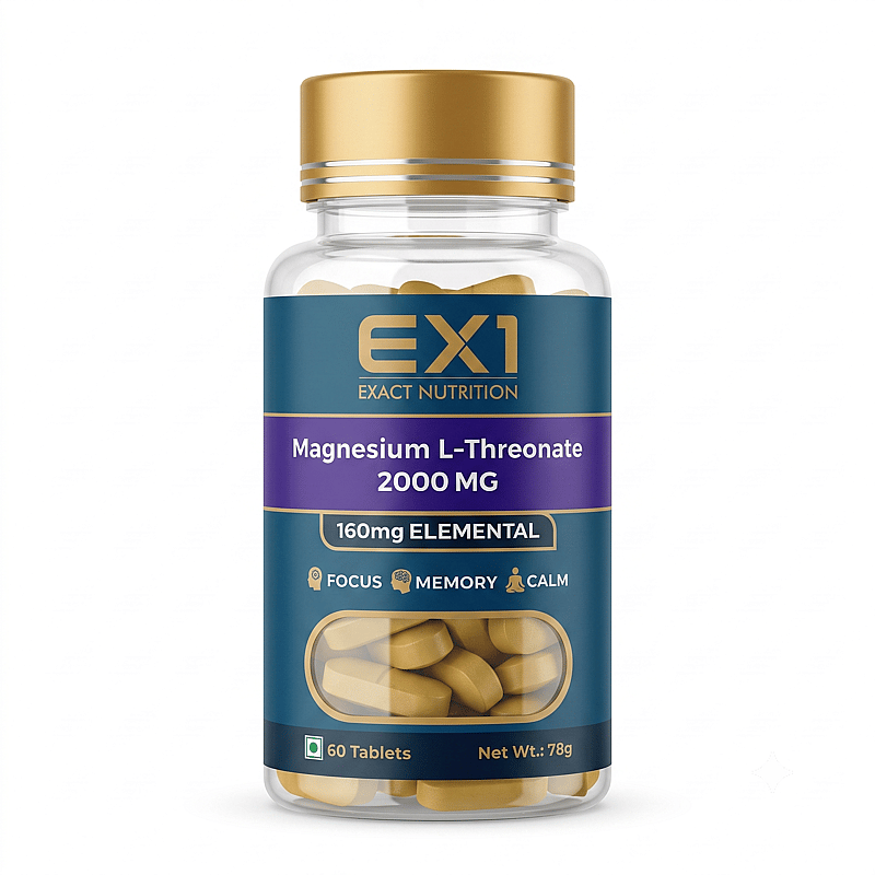 EX1 Magnesium L-Threonate bottle, 60 yellow tablets, violet label panel stating 160 mg elemental magnesium